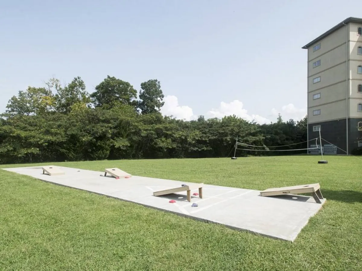 A vibrant exterior scene showing a wide open grassy area dotted with cornhole boards, bordered by trees and with a building in the background. People are engaged in outdoor games and social activities, suggesting a festive, community-oriented environment.