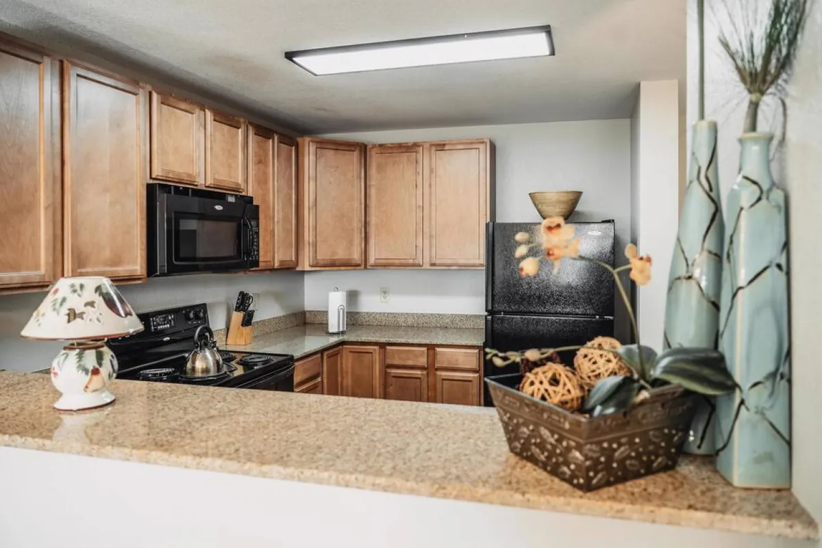 Here, the kitchen is captured with a warm, welcoming mood, featuring a granite countertop, black appliances, a decorative vase, and kitchen cabinets. The scene suggests a place where family recipes are created and morning coffee is enjoyed.