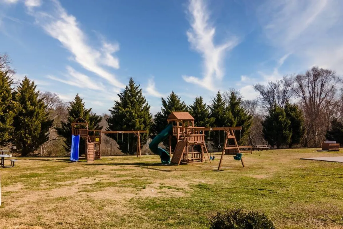 A cheerful playground structure features vibrant slides, swings, and climbing areas, all set within an open grassy space surrounded by trees. The scene is lively, designed for children’s play and family gatherings, with ample room for outdoor picnics and recreational activities.